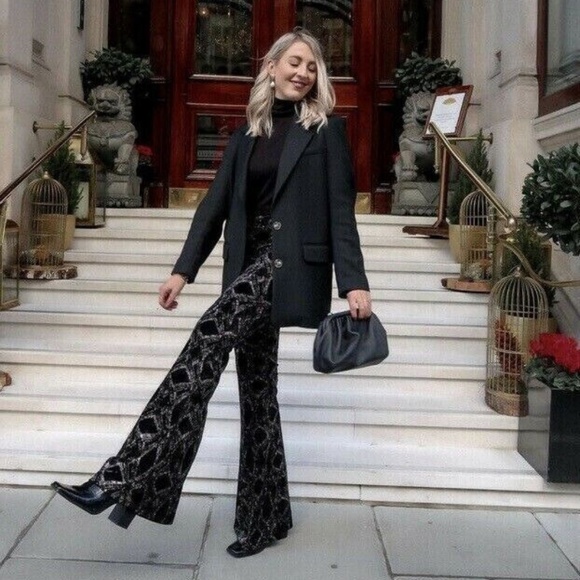 ZARA Velvet Glitter Geometric Flared Pants — Black & Taupe/Silver — XS — NWT - Picture 1 of 13